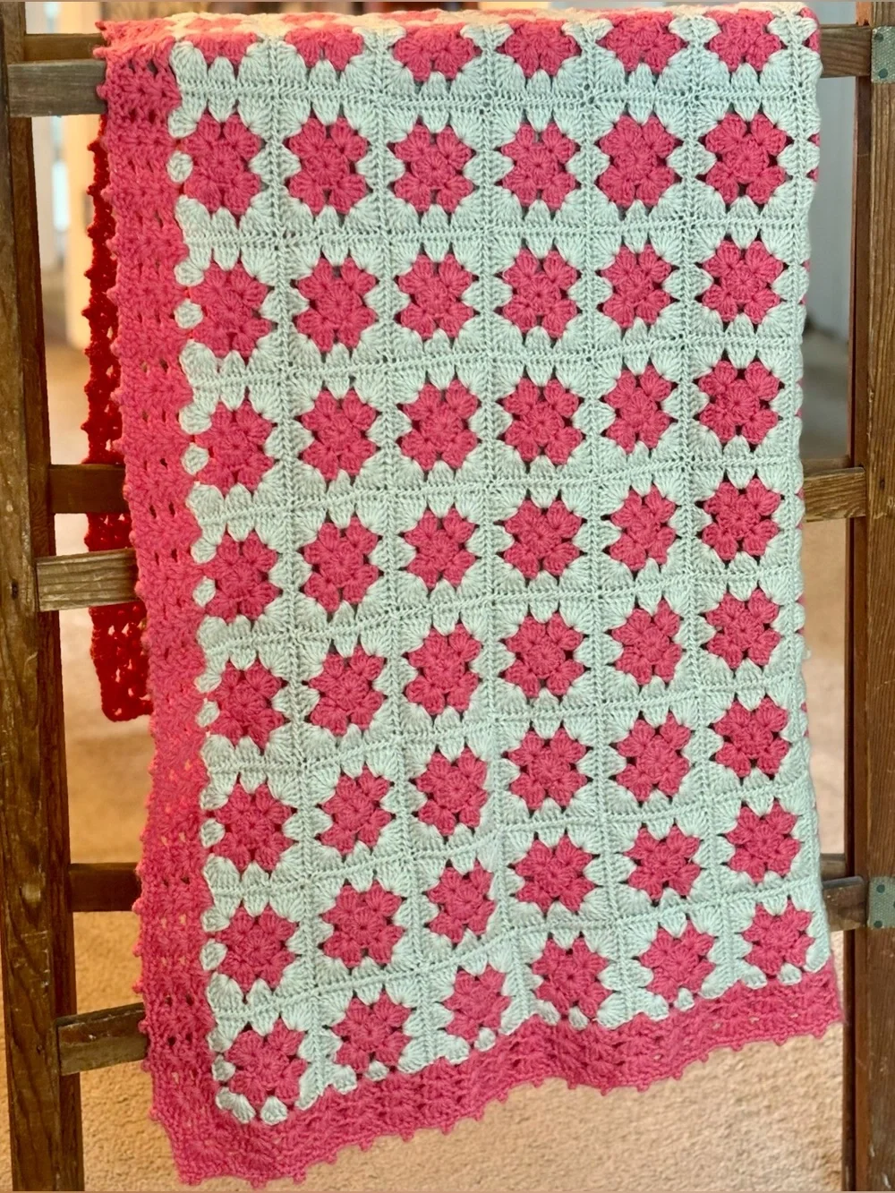 Vintage 70s Boho Crocheted Pink Gray Floral Granny Square Afghan Throw